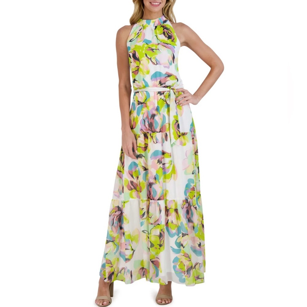 Julia Jordan White Mock Neck 3-Tier Halter Maxi Dress